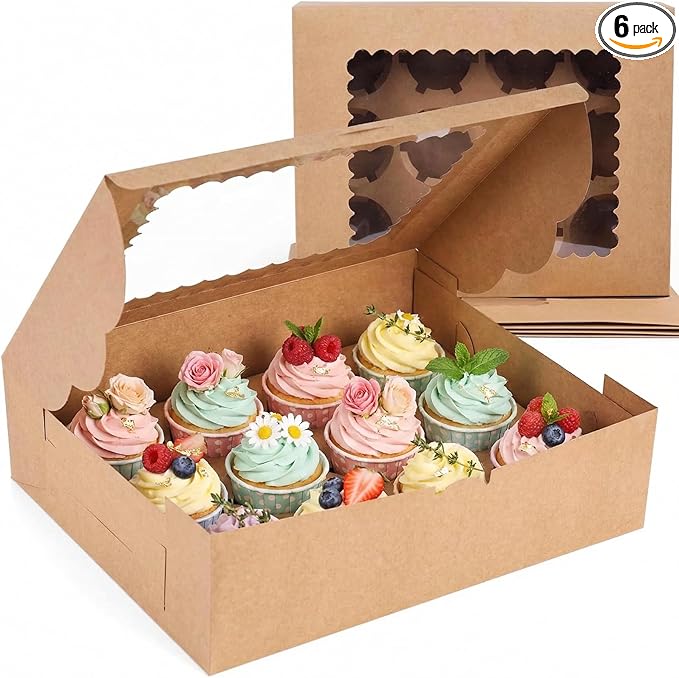 VGOODALL 6PCS Kraft Cupcake Containers, 12 Count with Window Boxes Holding 72 Pastry Box for Birthday Holiday Party Bakery Supplies