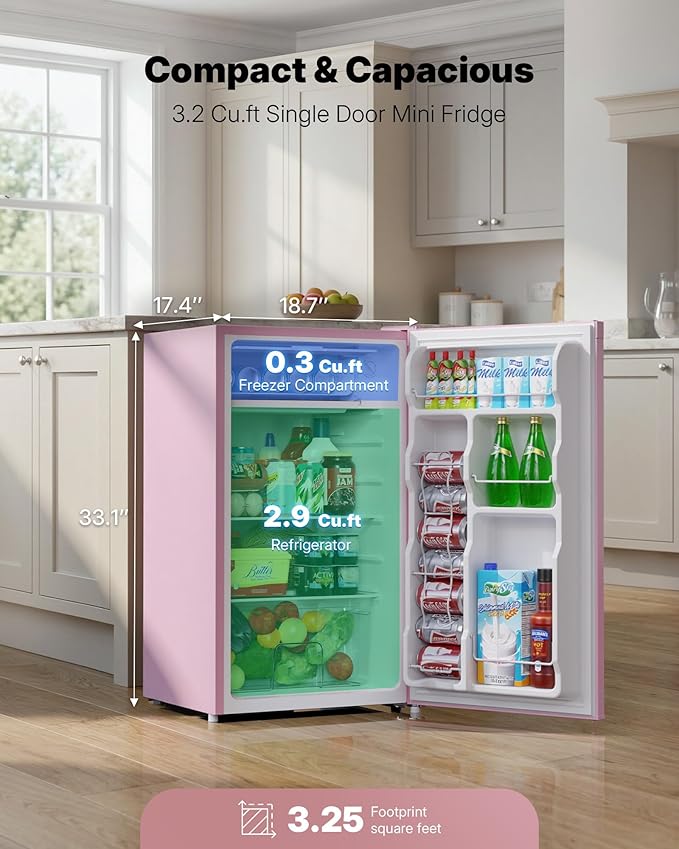 Upstreman 3.2 Cu.Ft Mini Fridge with Freezer, Single Door Compact Refrigerator, Adjustable Thermostat, Small Refrigerator for Dorm, Bedroom, Office, Pink-BR321
