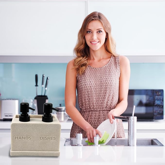 Hand and Dish Soap Dispenser Set for Kitchen Sink,Dual Soap Dispenser with Sponge Caddy and Brush Holder 4-in-1 Countertop Organizer for Kitchen Bathroom,Useful Kitchen Gadgets-Beige