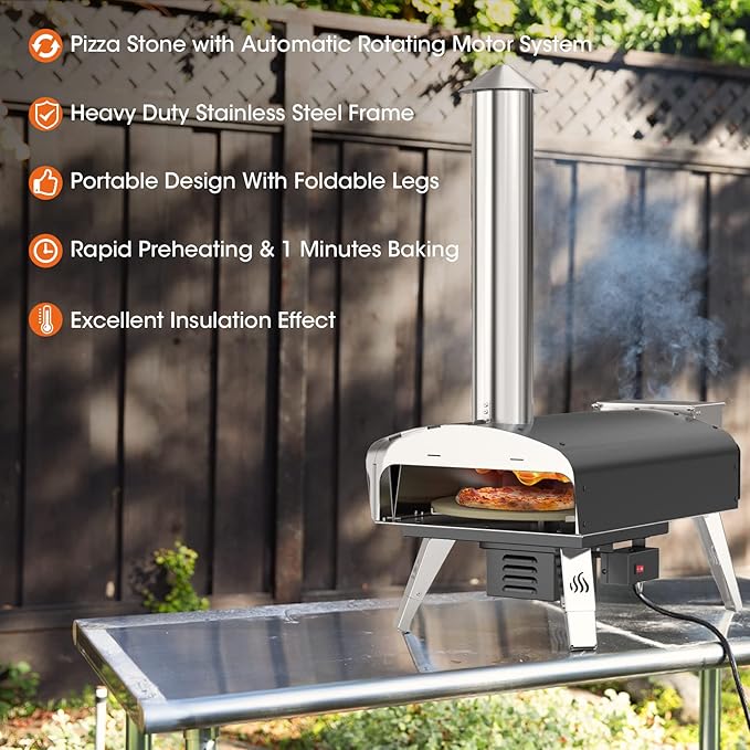 Mimiuo Outdoor Pizza Oven Wood Pellet Fired Pizza Stove with Automatic Rotating Stone, Heavy Duty Pizza Stove for Backyard Camping, Bakes Pizza in 60 Seconds, Includes Pizza Stone, Peel & Cover