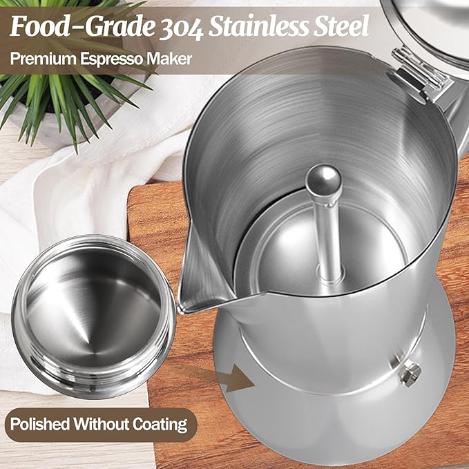 12 Cup Thickened Moka Pot 304 Stainless Steel 600ml Italian Espresso Coffee Maker Stovetop CoffeeMakers Mocha Pot Percolator for Induction Stove Classic Cafe Makers Portable for Easy Brewing