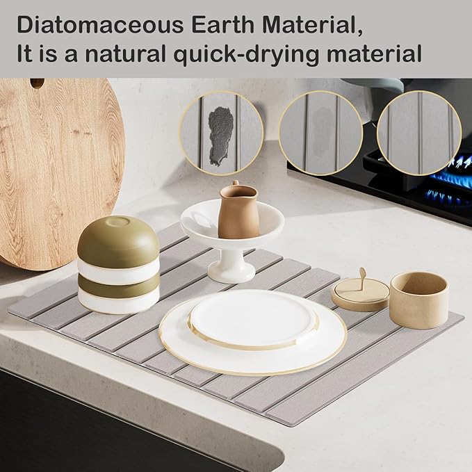 Large Stone Dish Drying Mat for Kitchen Counter, 24"(L)×16"(W) Collapsible Kitchen Dish Drying Mat, Absorbent Quick Dry Diatomaceous Earth, for Dishes Bottles Cups, Match Any Countertop