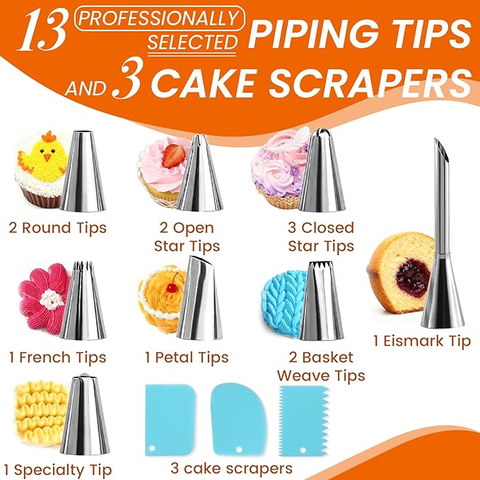 BEWOS 80 PCs Cake Decorating Kit With Cake Turntable - Include 50 Disposable + 4 Reuseable Piping Bags, 13 Icing Piping Tips, Cake Leveler, 2 Spatulas, 3 Icing Scraper, Cake Decorating Tools