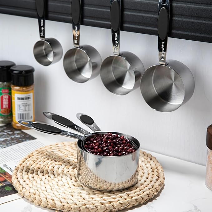 Magnetic Measuring Cups and Spoons Set, 12 Piece Stainless Steel Measuring Cups and Spoons Set, Nesting Kitchen Gadgets with Removable Clasp for Cooking & Baking (Black)