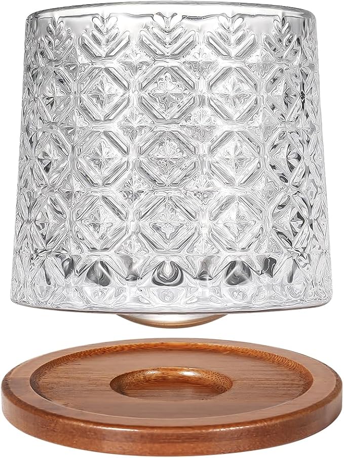 Rotatable Old Fashioned Glass Cup, 10oz/275ml Crystal Whiskey Glass, Wood Coaster, Thickening, Used as Rum Glass, Cocktail Cup, Coffee, Milk to Relax and Reduce Stress, Ideal Gift, Christmas gifts