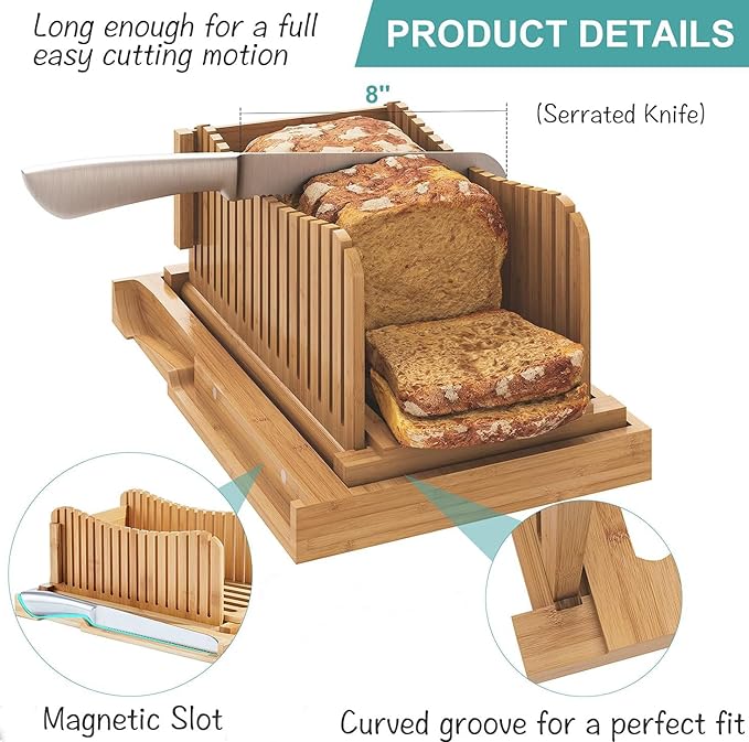 Bread Slicer for Homemade Bread,Cakes, Bagels- Bamboo Bread Slicer with Serrated Knife, Adjustable Guide for 3 Thickness Sizes, Foldable Chopping Board with Crumb Tray& Knife