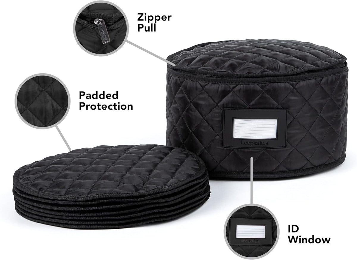 Covermates Keepsakes - Dish Storage - Padded Protection - ID Window - Stain Resistant - Machine Washable - China Storage, Black
