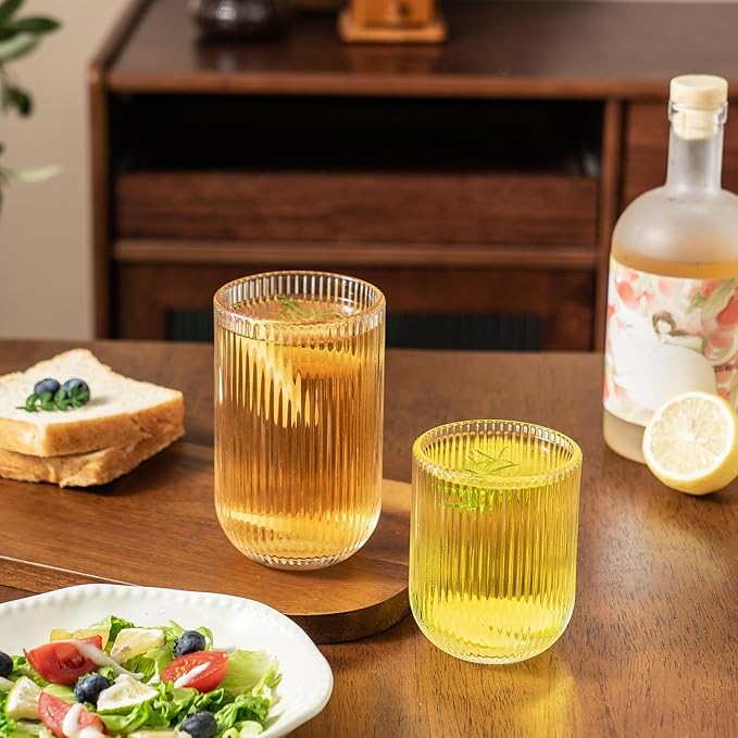 Ribbed Drinking Glasses 8pcs, Rocks Drinking Glasses 12oz and 10oz, Tumbler Glasses Cup Set for Wedding, Party, Christmas Gift, Clear