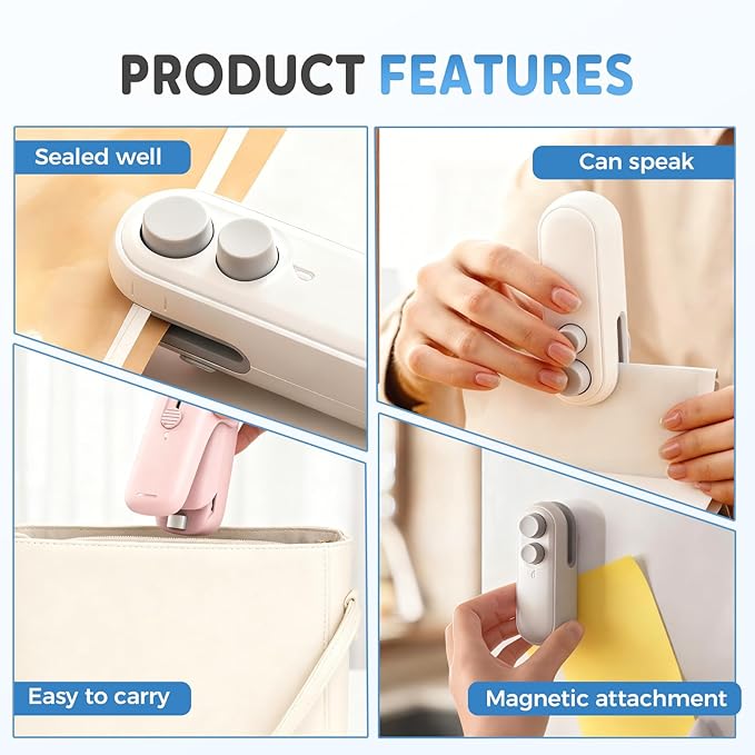 Mini Bag Sealer, Upgraded 2 in 1 Mini Bag Sealer with Cutter and Magnet, Magnetic Portable Plastic Bag Sealer for Snacks, Chips, Food Freshness Storage (1, Black)