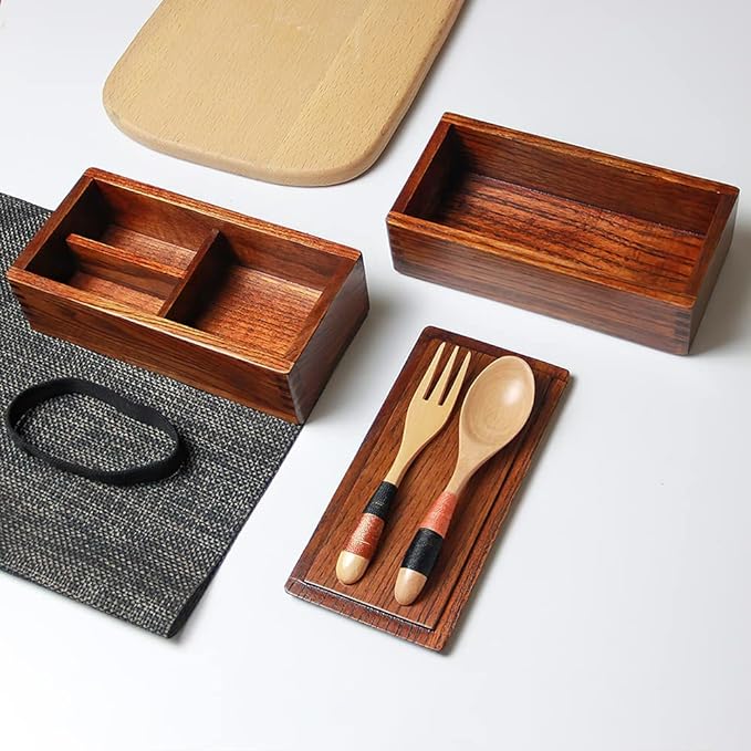 AOOSY Wood Bento Box, Lunch boxes, Japanese Traditional Natural Square Wooden Lunch Containers Women's Men's Adult Wood Bento Box with Spoon Fork kit
