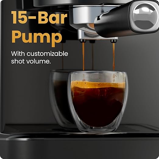 Chefman CraftBrew Espresso Machine, 15-Bar Pump Digital Espresso Maker w/Steam Wand for Latte & Cappuccino, Compact Espresso Coffee Machine w/ 1.5L Removable Water Reservoir - Stainless Black