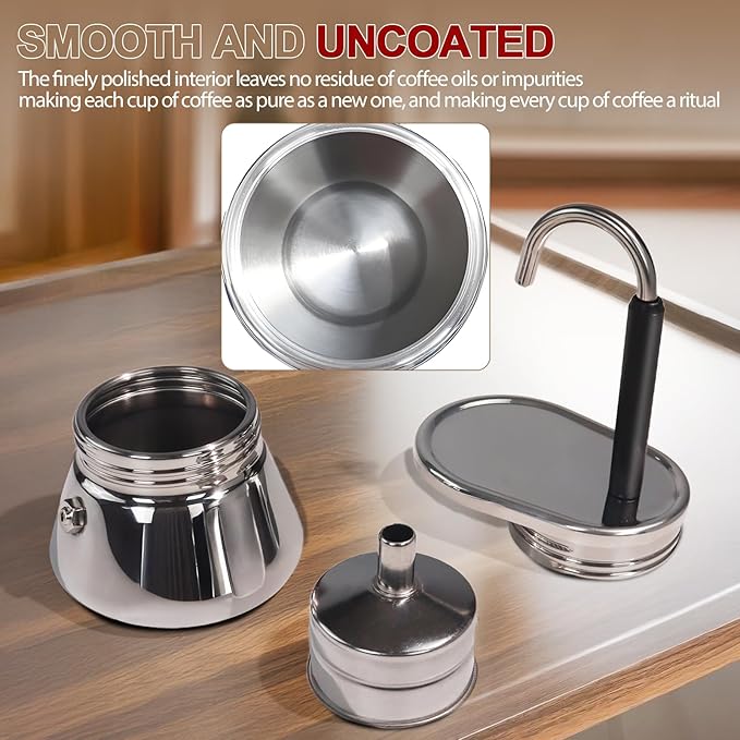 Uncoated 1 Cup Single Tube Moka Pot 304 Thickened Stainless Steel Mini Coffee Maker Stovetop Espresso Coffeemaker Italian Classic Style Brewing Greca Cafe Mocha for Camping Travel Home 90ml