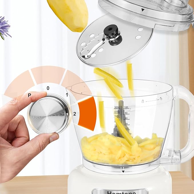 Homtone 16-Cup Food Processor, Heavy-Duty 9-Function Vegtable Chopper with 7 Blades & 3 Speeds for Dough Kneading, Meat Chopping, Slicing, Shredding & French Fry Cutting, Dishwasher Safe, White