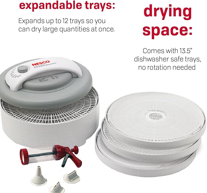 Nesco FD-61WHCK Snackmaster Encore Food Dehydrator with Jerky Gun Kit for Great Snacks and Jerky, 6 Trays, Gray, 1 Count (Pack of 1),White