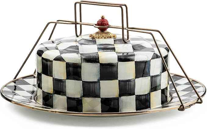 MACKENZIE-CHILDS Enamel Cake Carrier, Cake-Dish Serving Platter with Lid and Handles, Black-and-White Courtly Check