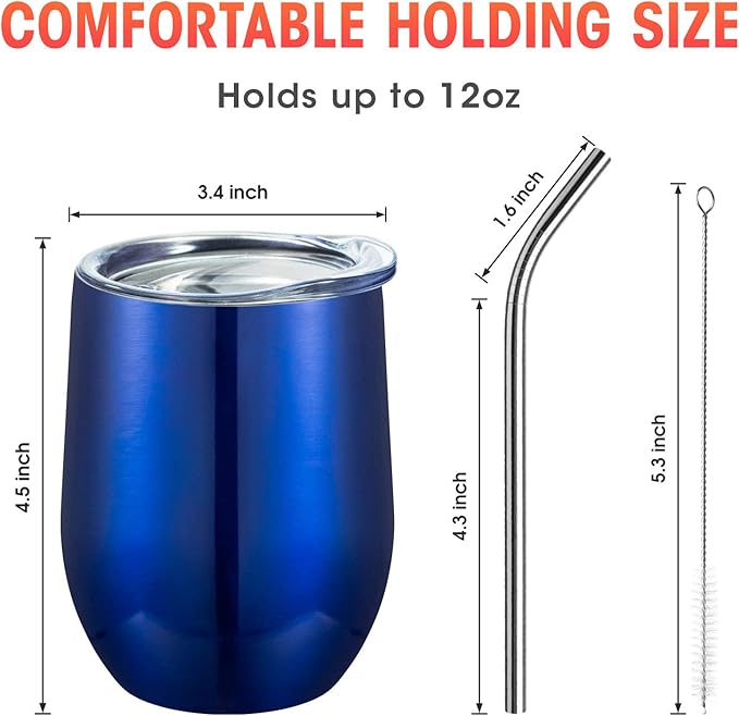 COMOOO Stainless Steel Wine Tumbler Glasses Bulk with Lid and Straw 12oz Double Wall Vacuum Insulated Tumbler Cup Stemless for Hot and Cold Drinks, Coffee, Wine, Cocktails (Royal blue, 8 Pack)
