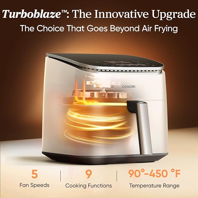 Cosori 9-in-1 TurboBlaze Air Fryer 6 Qt, Smart Control, 90°–450°F, Shake Reminders, Precise Heating for Even Results, Air Fry, Roast, Bake, Broil, Dry, Frozen, Proof, Reheat, Keep Warm, 120V, Cream