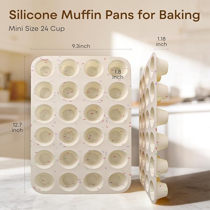 Silicone Muffin Pans for Baking Nonstick 2 Pcs, 24 Cup Mini Cupcake Pan, Food-Grade Silicone Baking Molds for Cupcakes, Freezer, White