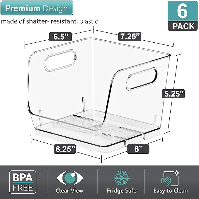 Sorbus Stackable Storage Bins Open Front, Clear Stackable Storage Bins, Pantry Bins for Storage and Organization, Acrylic Stackable Bins for Kitchen, Clear Pantry Organizer Bins (Small Square 6 Pack)