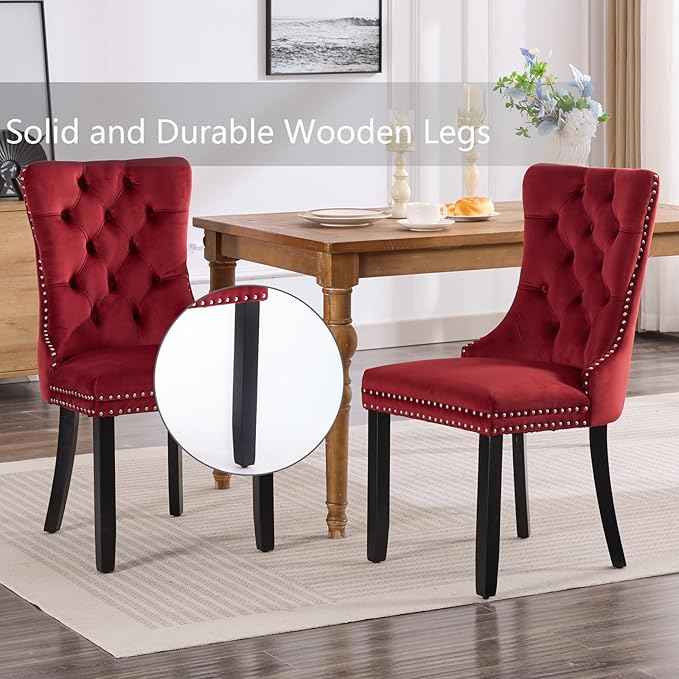 Velvet Dining Chairs Set of 6, Upholstered Dining Room Chairs with Back Ring Pull Trim and Solid Wood Legs,Tufted Wingback Kitchen Chairs for Dining Room,Kitchen(Wine Red)
