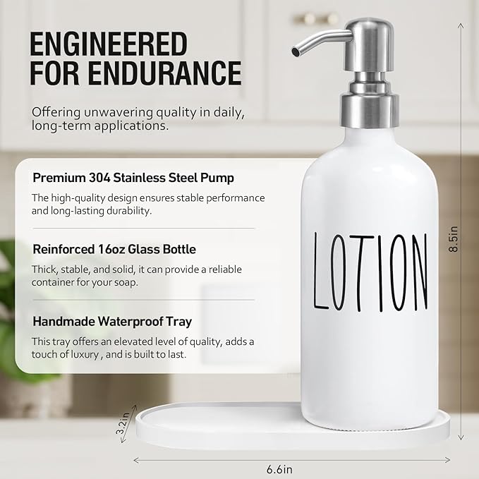 MOMEEMO Hand Soap Dispenser for Bathroom, Soap and Lotion Dispenser Set with Silver Metal Pump, Suitable for Farmhouse Bathroom Decor. (White & Silver)