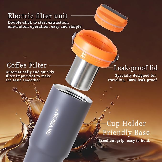 Portable Coffee Maker Mug for Travel,Mini Espresso Coffee Machine,20 oz Thermos Cup with Lid Fast Extraction Electric Filter Brewer,Insulated Stainless Steel Tumbler (Grey)