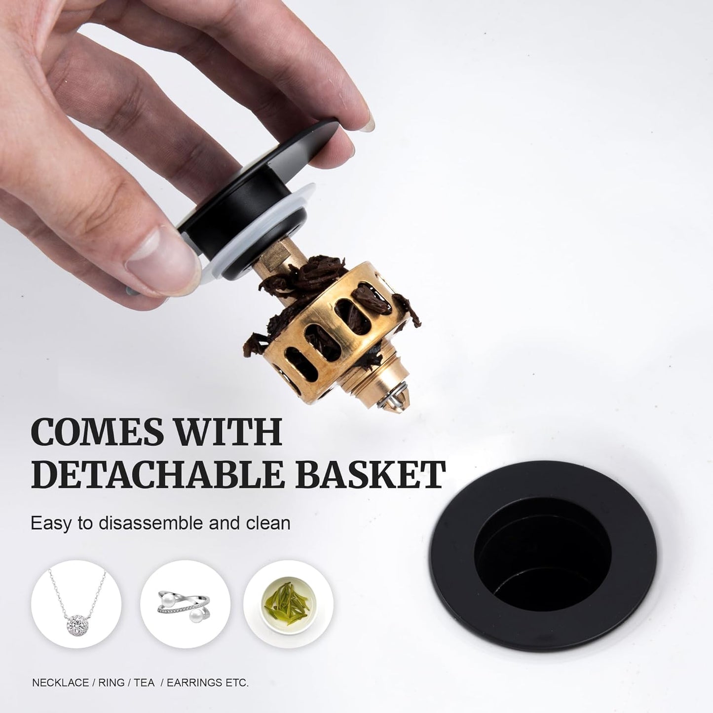 Pop up Sink Drain Stopper for Bathroom Vessel Vanity Sink Art Basin Matte Black, Big Cap Without Overflow, Metal Pop-up Drain Strainer with Detachable Basket Stopper