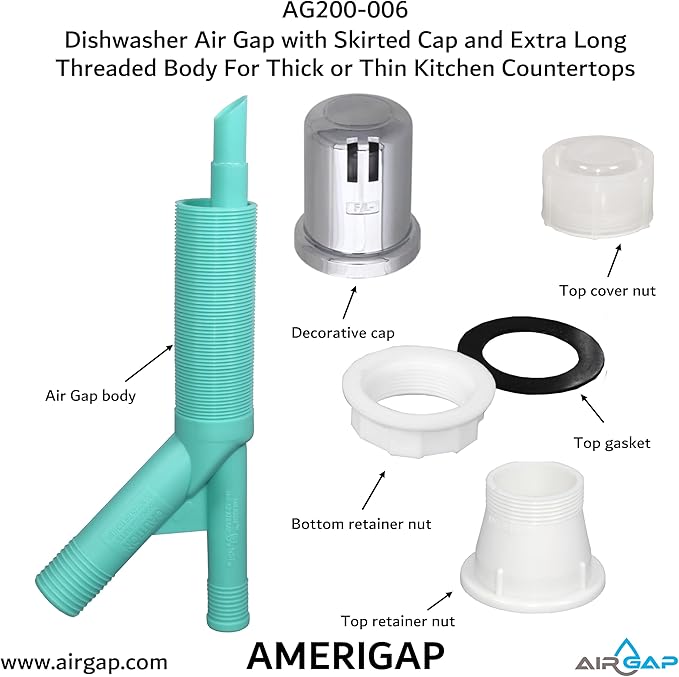 Dishwasher Air Gap with Skirted Cap and Extra Long Threaded Body for Thick or Thin Kitchen Countertops (AG200-006, AG200-003, 52, AMERIGAP)