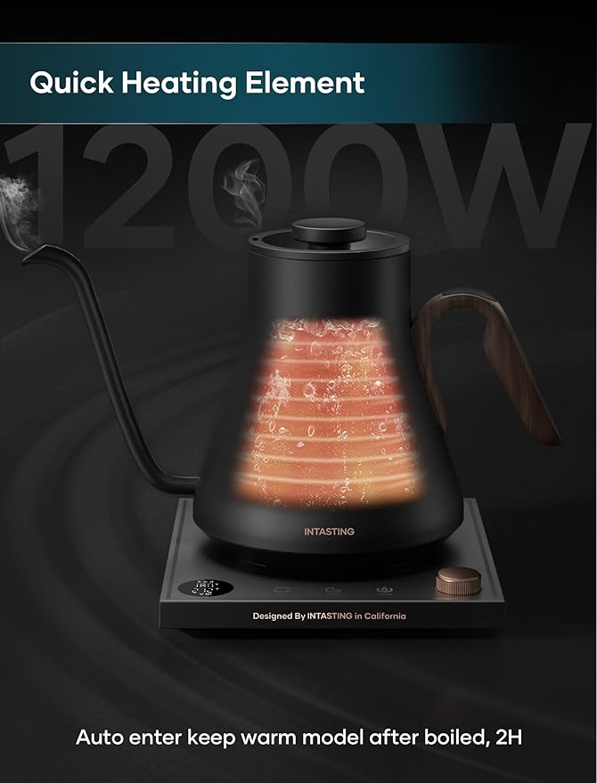 INTASTING Electric Kettle, Gooseneck Electric Kettle, ±1℉ Precise Temperature Control, Stainless Steel Interior, Quick Heating for Pour Over Coffee, Tea & Boiling Water, 0.9L (Matte Black)