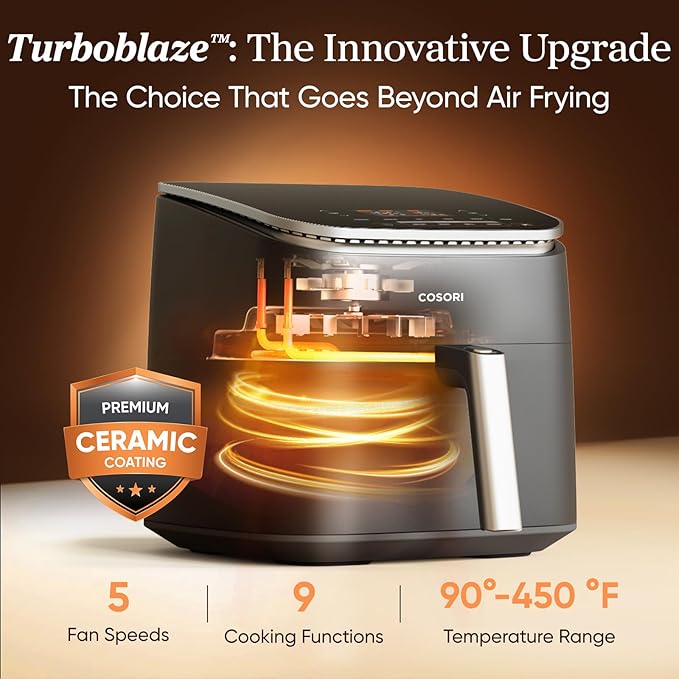 Cosori 9-in-1 TurboBlaze Air Fryer 6 Qt, Premium Ceramic Coating, 90°–450°F, Precise Heating for Even Results, Air Fry, Roast, Bake, Broil, Dry, Frozen, Proof, Reheat, Keep Warm, 120V, Dark Gray