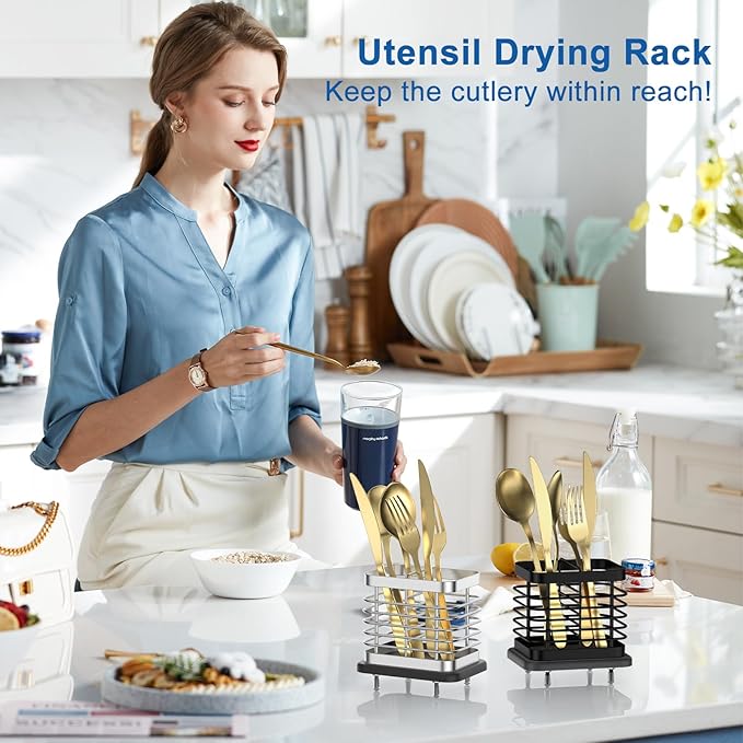 2 Slots Utensil Holder for Kitchen Counter, Small Stainless Steel Cutlery Holder Organizer with Drying Diatomaceous Earth Base, Utensil Drying Rack Spoon Fork Organizer Crock Storage, Sliver