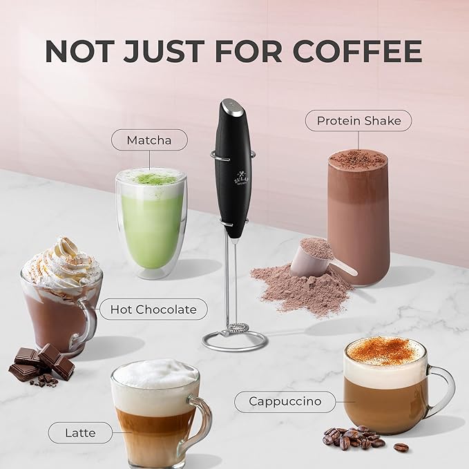 Zulay Kitchen Powerful Milk Frother Wand With 4 AA Duracell Batteries - Ultra Fast Handheld Drink Mixer - Electric Whisk Foam Maker for Coffee, Lattes, Cappuccino, Matcha & Creamer - Metallic Black