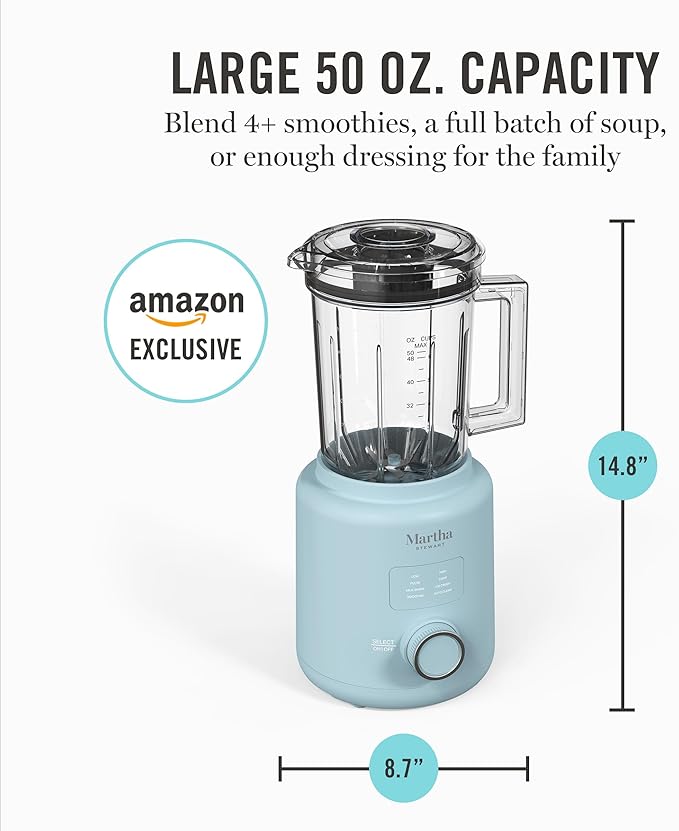 Martha Stewart 50oz Countertop Blender, Smoothie, Margarita & Ice Crushing Blender, BPA-Free Pitcher, 3 Speeds, 5 Presets, Auto-Clean Function, Dishwasher Safe, Stainless Steel Blades, Sky Blue