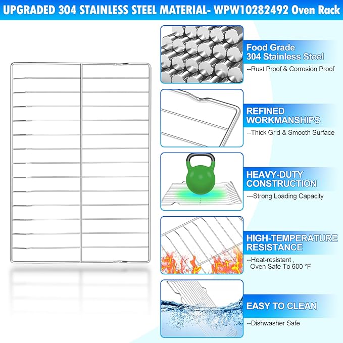Upgraded 304 Stainless Steel WPW10282492 W10282492 Oven Rack Compatible with Whirlpool Range Oven Stove Wire Rack PS2377663 AP4511708 Y0R01003011 Y0R01003211 Gas Range Oven Rack w/Oven Rack Liner