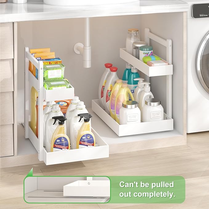 Under Sink Organizer - 1-Tier Pull Out Cabinet Organizer Vertical Slide Out Sink Shelf Storage Shelves for Multi-Purpose Bath Kitchen Bathroom Medicine (White, 2 Packs)