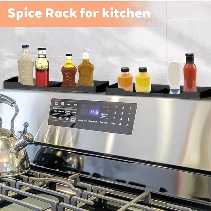 15 Inch Magnetic Silicone Stove Top Shelf, Heat Resistant Spice Rack for Kitchen, Space Saving Organizer with 3 Sticky Pads, Fits Back of Stove (Black, 15 Inch)