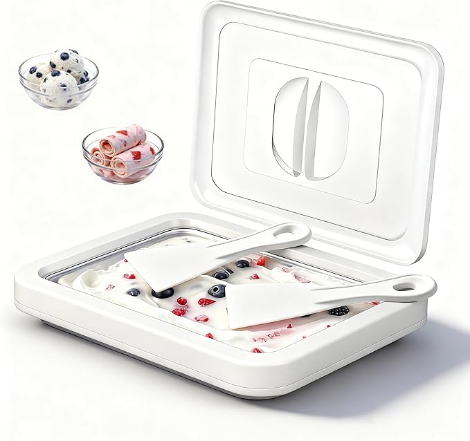 Rolled Ice Cream Maker with Lid, Instant Ice Cream Roller Tray with 2 Spatulas,316 Food Grade Premium Stainless Steel Roll Ice Cream Tray for Fun Family Activities, DIY Parent-Child Time