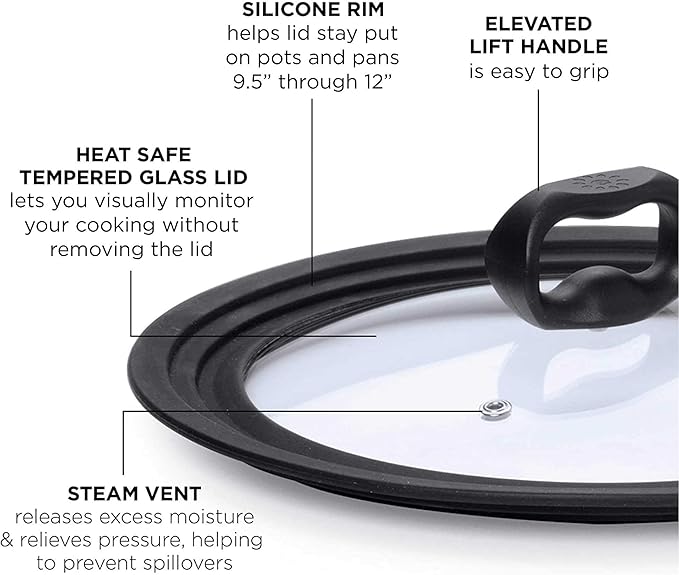 Ecolution Universal Lid for Pots and Pans, Fits 9.5-Inch to 12-Inch Cookware, Tempered Glass Replacement Lid with Heat Resistant Silicone Edge, Dishwasher Safe, Made without BPA, Large, Black