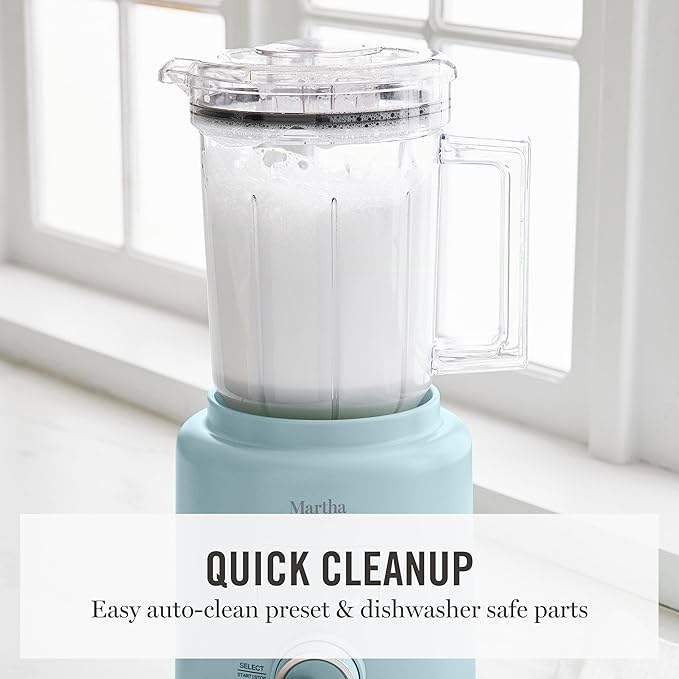 Martha Stewart 50oz Countertop Blender, Smoothie, Margarita & Ice Crushing Blender, BPA-Free Pitcher, 3 Speeds, 5 Presets, Auto-Clean Function, Dishwasher Safe, Stainless Steel Blades, Sky Blue