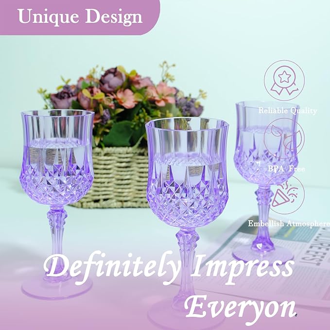 Plastic Wine Glasses, Plastic Goblets Vintage Style Cordial Unbreakable Drinking Glasses, Reusable Drinkware for Wedding Reception, Grand Event Party Supplies (24, Purple)
