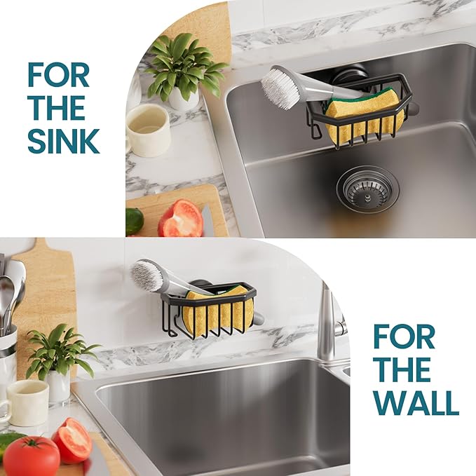 TAILI Sponge Holder for Kitchen Sink with Strong Suction Cup, Rustproof Aluminum Sink Caddy for Sponges, Brushes, Stoppers & Scrapers, Black