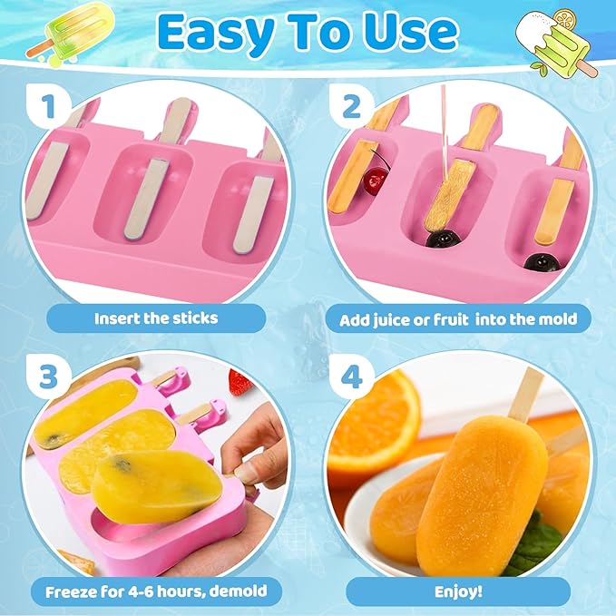 SAYAYA 2 Set Silicone Popsicle Molds with 100 Sticks, Reusable 4 Cavities Homemade Cake Pop & Cakesicle Mold for DIY Ice Cream, Ice Pop, Easy Release & Dishwasher Safe for Kids Family (Pink)