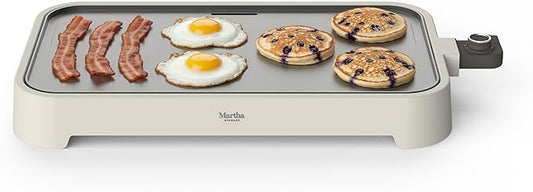 Martha Stewart 12” x 22” Electric Griddle, XL Ceramic Nonstick Flat Top Cooking Surface, Adjustable Temperature Dial, Drip Tray, Dishwasher Safe, 1500W Fast Even Heating, Pancakes & Eggs, Linen White