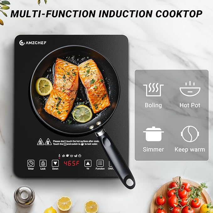 AMZCHEF Portable Induction Cooktop 20 Temperature & Power Levels, 1800W Induction Stove Burner with 6.8" Heating Coil, Low Noise Hot Plate Single Electric Cooktops Countertop Stove with Timer