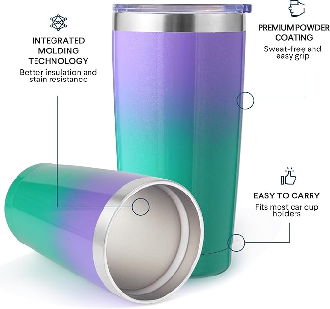 Volhoply 20oz Stainless Steel Tumbler with Lid and Straw Bulk 8 Pack,Double Wall Insulated Travel Iced Coffee Mug Fits Cup Holder,Powder Coated Cups for Cold Drinks,Christmas Gifts（Purple Green,8 Set）