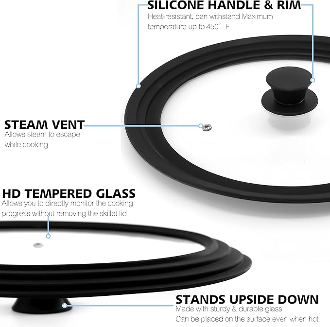 Anaeat Silicone Universal Lid for Pots, Pans and Skillets - Tempered Glass Covered with Heat Resistant Silicone Rim Fits 8", 8.5" and 9.5" Diameter Cookware -Easy to Use Replacement Frying Pan Cover