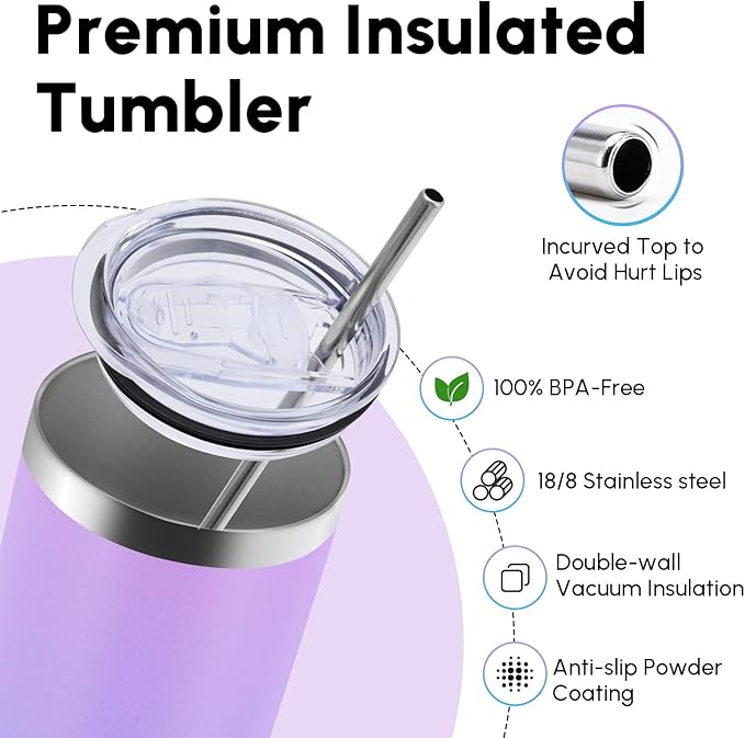 Volhoply 4 Pack Skinny Tumblers with Lid and Straw, 20oz Stainless Steel Straight Tumbler Bulk, Vacuum Insulated Coffee Mug for Home, Office, Travel, DIY (Lavender,4 Pack)