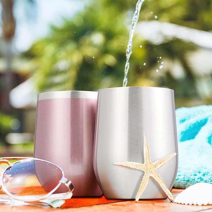 COMOOO Rose Gold Stainless Steel Wine Tumbler Bulk with Lid and Straw 12oz Double Wall Vacuum Insulated Travel Tumbler Cup for Coffee Wine Cocktails Ice Cream Cup Rose Gold, 16 pack