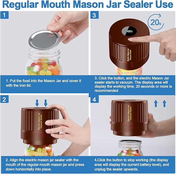 LOVE MOMENT Electric Mason Jar Vacuum Sealer Kit for Wide Mouth and Regular Mouth Mason Jar - Brown