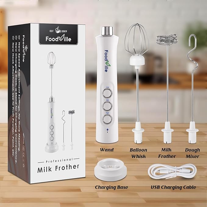 FoodVille MF09 3 in 1 Rechargeable Milk Frother Handheld Foam Maker with Charging Stand & 3 Stainless Steel Whisks (White without Case)
